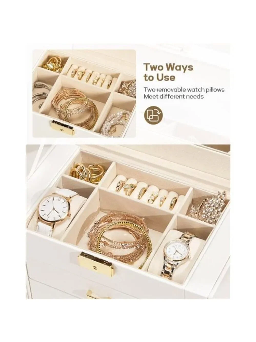 White Lockable Jewelry Box Watch Organizer Necklace Ring Storage with Mirror